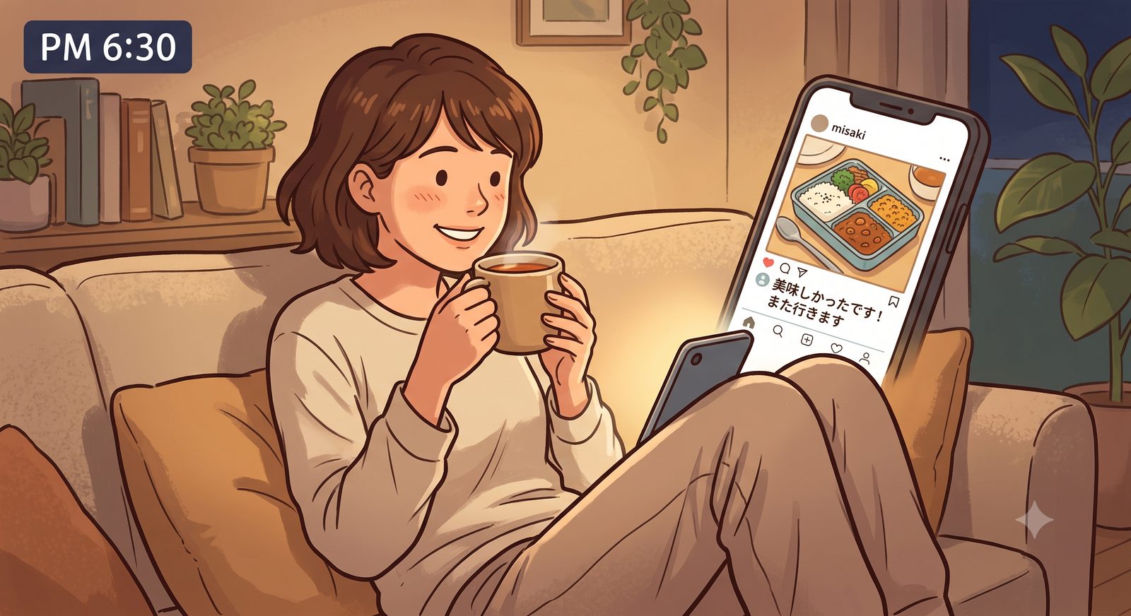 自宅のソファでスマートフォンを見ながらお茶を飲む美咲
