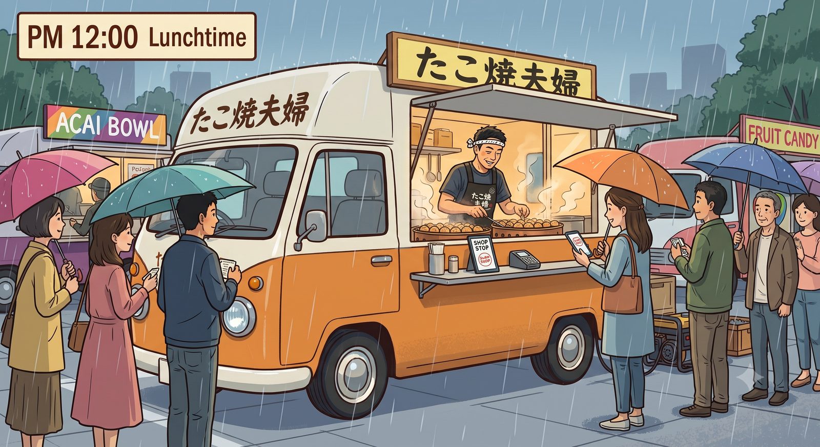 雨の中、行列のお客様にたこ焼きを提供する健一